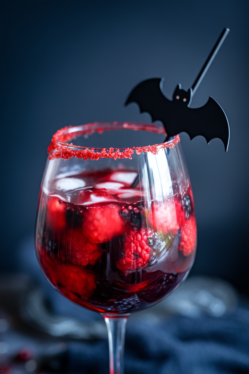 Indoor photo of a deep-red berry mocktail in a stemless wine glass, rim dipped in red sugar crystals resembling “blood,” with a plastic bat stirrer. No text or logos visible.