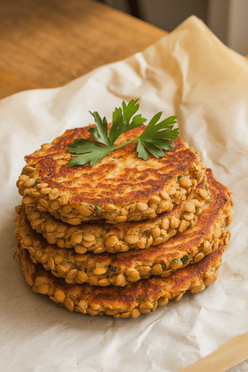 Indoor tabletop displaying a stack of golden brown lentil patties on parchment, no text