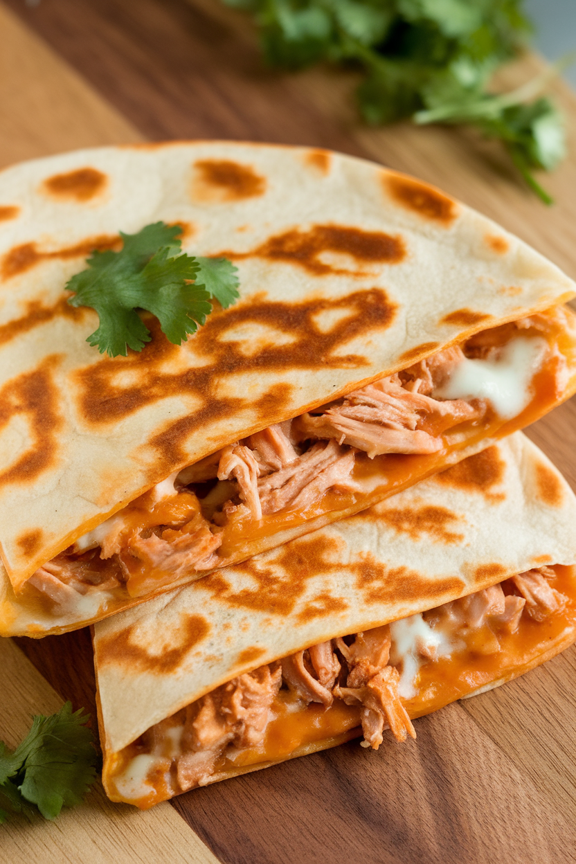 Indoor skillet photo of a golden quesadilla wedge oozing shredded BBQ chicken and melted Monterey Jack, garnished with cilantro. No text or logos.