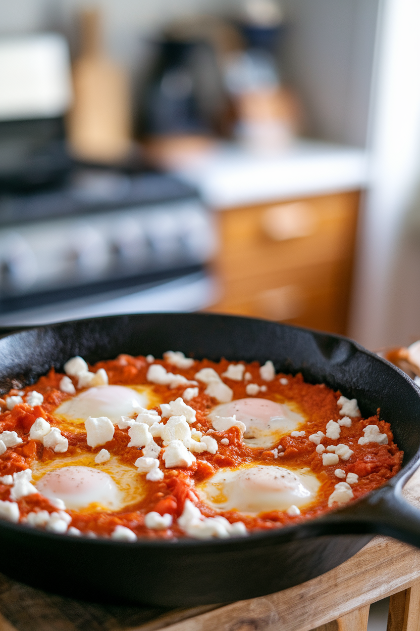 Indoor photo of a cast-iron skillet of shakshuka—poached eggs in spiced tomato sauce, crumbled feta on top. No logos or text.