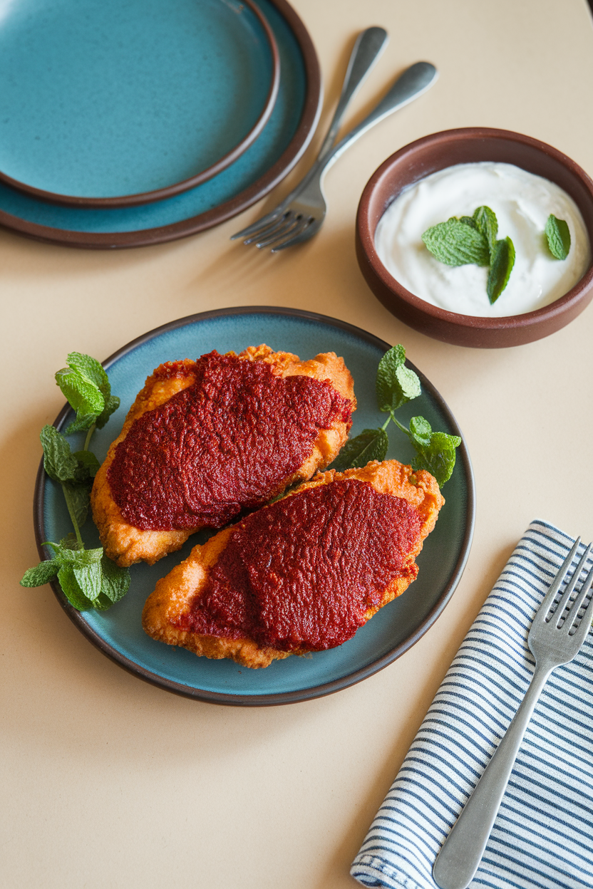Indoor table set with fried chicken breasts brushed in deep red harissa paste, bowl of yogurt dip sprinkled with mint, photo only, no text or logos