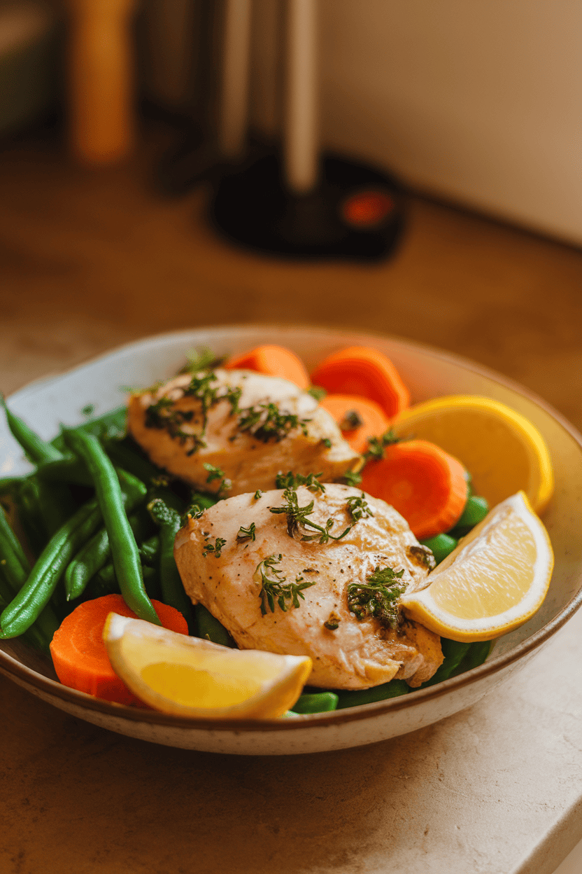 A warmly lit indoor countertop featuring a shallow white bowl filled with cooked chicken breast pieces, bright green beans, sliced carrots, and lemon wedges, all glistening with a light herb sauce. No text or logos anywhere in the photo, realistic food photography style, indoors.