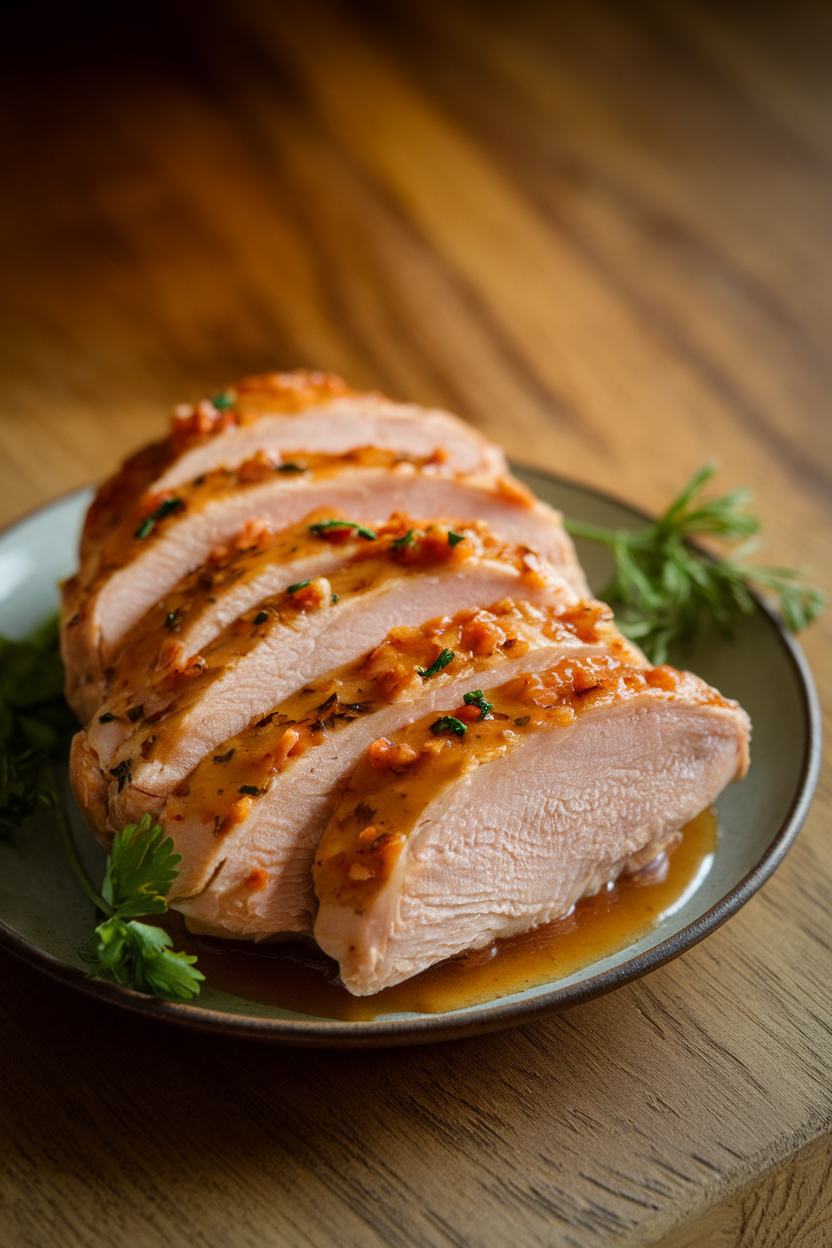 Indoor photo of thin sliced chicken breasts glazed with maple-garlic-dijon sauce, presented on a small plate; soft ambient light, no text or logos