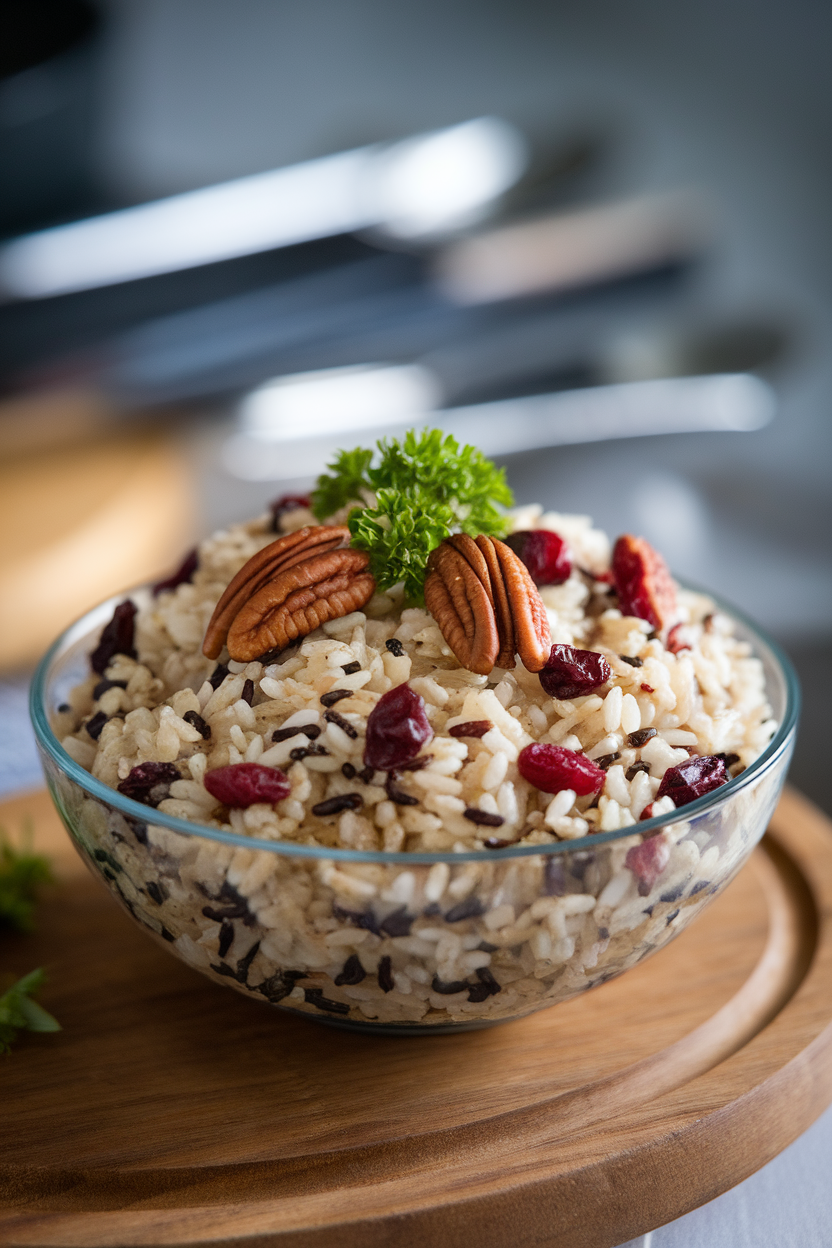 Indoor photo of a serving bowl of wild rice pilaf dotted with dried cranberries and toasted pecans, parsley garnish; no text or logos.