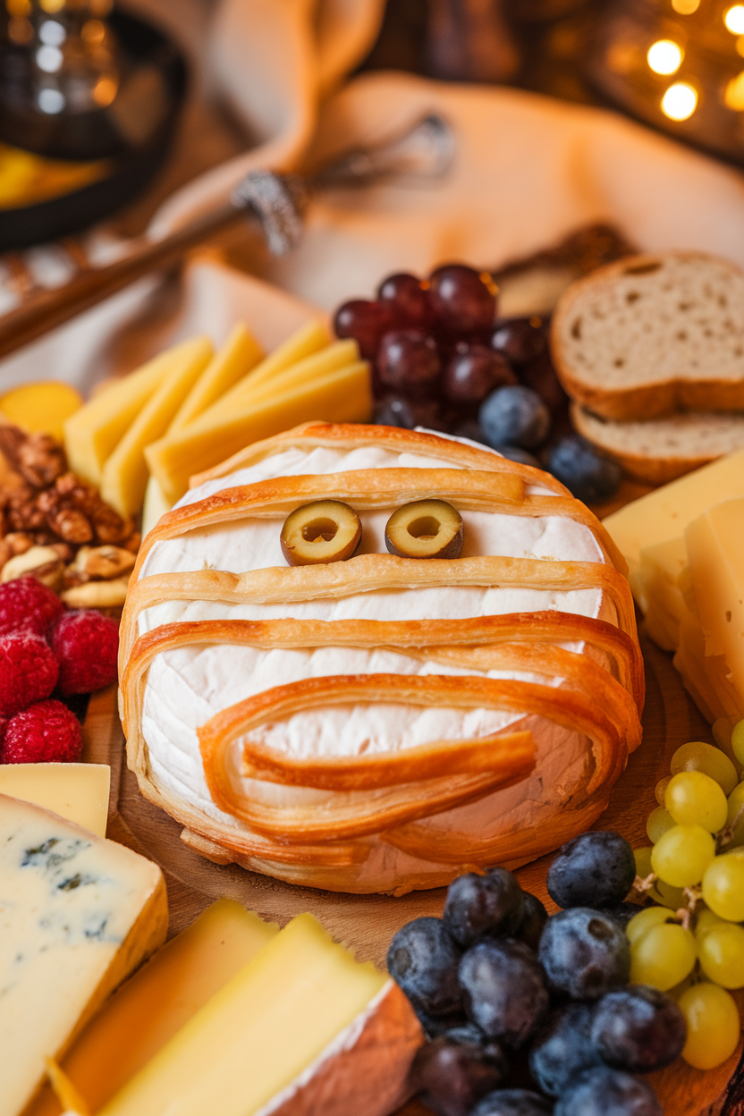 Indoor cheese board with baked Brie wrapped in puff-pastry strips like a mummy, two olive slice eyes peeking through. No text or logos.