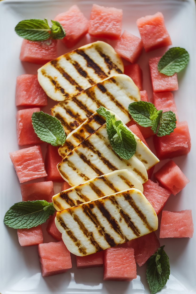 An indoor plate featuring char-marked halloumi slices alongside cubed watermelon, mint leaves scattered for garnish. No text or logos.