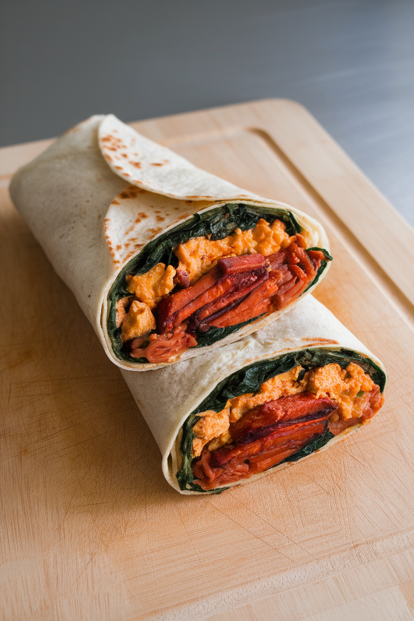 Indoor burrito on a cutting board, sliced to show BBQ jackfruit, scrambled tofu, and spinach, edges toasted. No text or logos.
