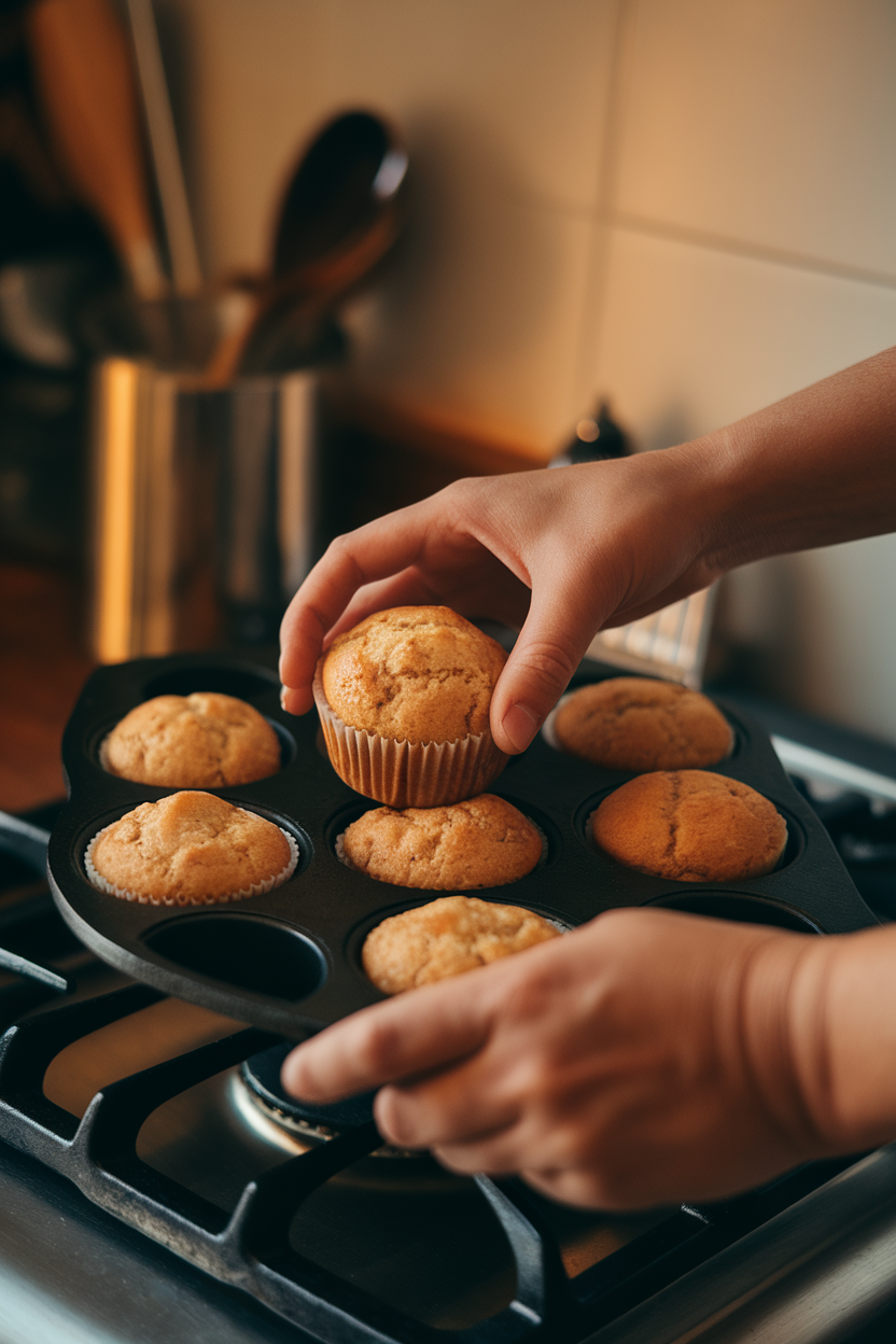 Indoor photo of individual stuffing muffins in a cast-iron muffin pan, tops toasted golden, on a stovetop; no text or logos.