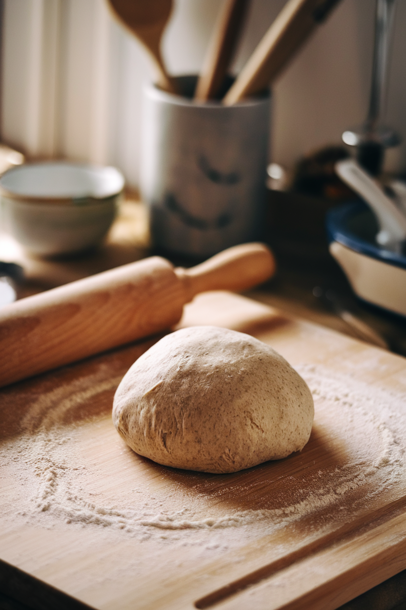 Indoor photo of a ball of whole-grain sourdough pizza dough on a floured wooden board beside a rolling pin. Cozy kitchen lighting, no text or logos.