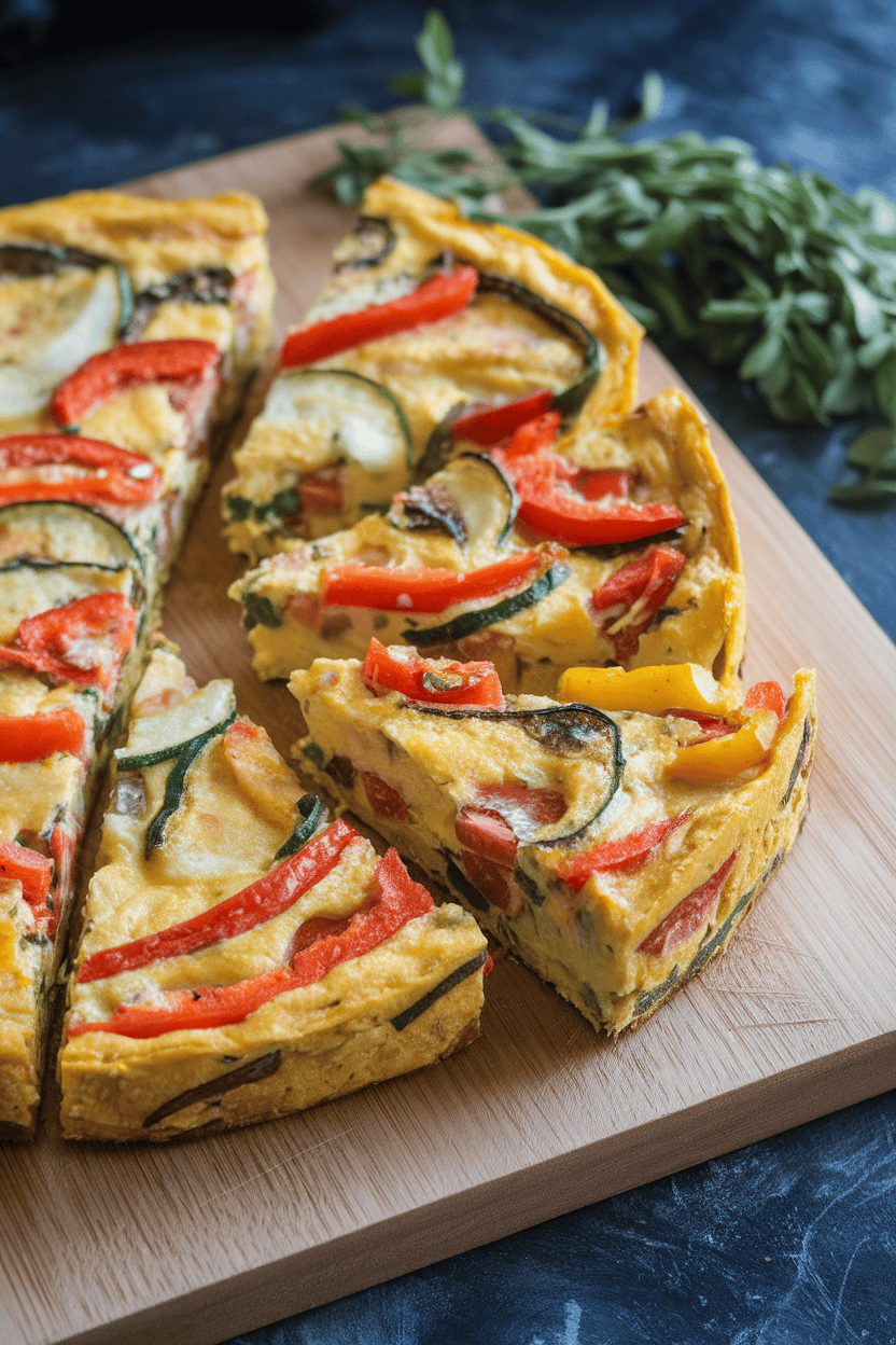 Indoor cutting board with wedges of colorful vegetable frittata, no logos