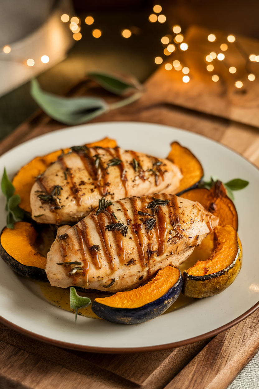 Indoor photo of chicken breasts drizzled with sage garlic brown butter, plated with roasted squash; cozy autumn lighting, no text or logos