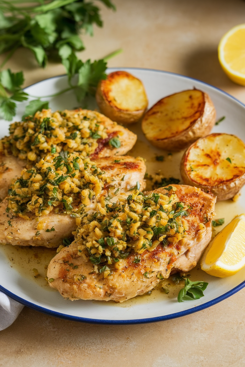 Indoor photo of chicken cutlets topped with lemon-parsley-garlic gremolata, served with roasted potatoes; soft evening light, no text or logos