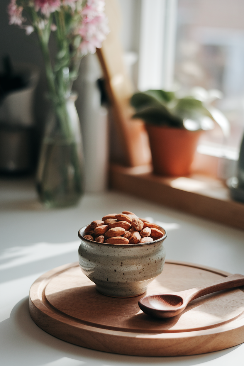 Indoor photo of a small ceramic bowl filled with raw, unsalted almonds on a kitchen counter; soft daylight from a window, no text or logos