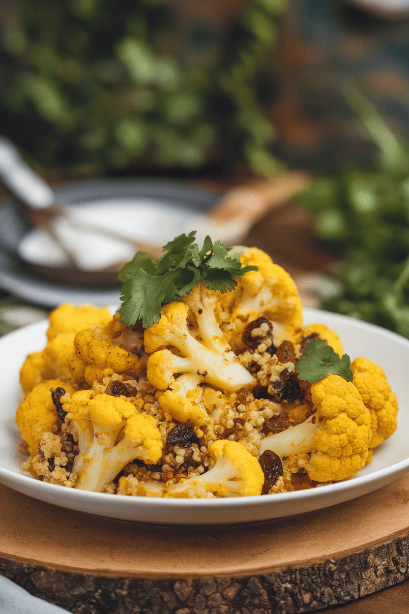 Indoor photo of golden curry-spiced cauliflower florets tossed with quinoa and raisins, garnished with cilantro; no logos.
