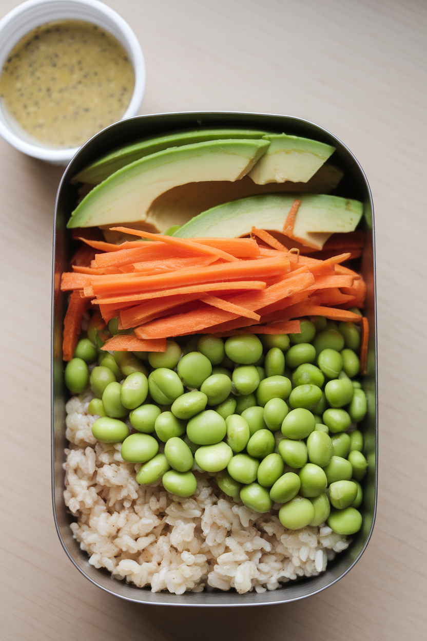 An indoor lunch container featuring brown rice, shelled edamame, shredded carrots, avocado slices, and sesame dressing on the side. No text or logos present; photo only.
