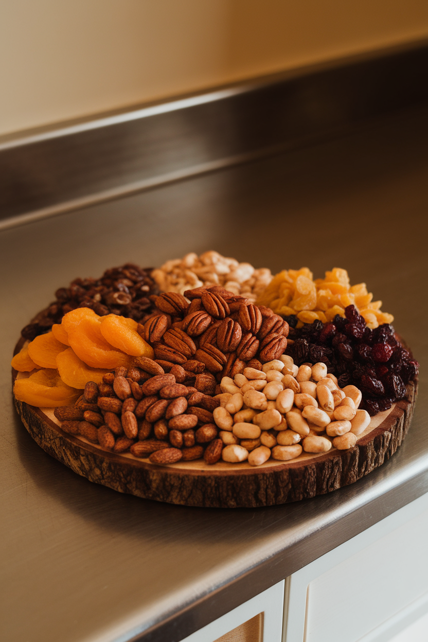 Warm indoor countertop scene with a wooden platter featuring piles of cinnamon-roasted almonds, maple pecans, dried apricots, golden raisins, and dark chocolate-covered cranberries. No text or logos. Photo only.