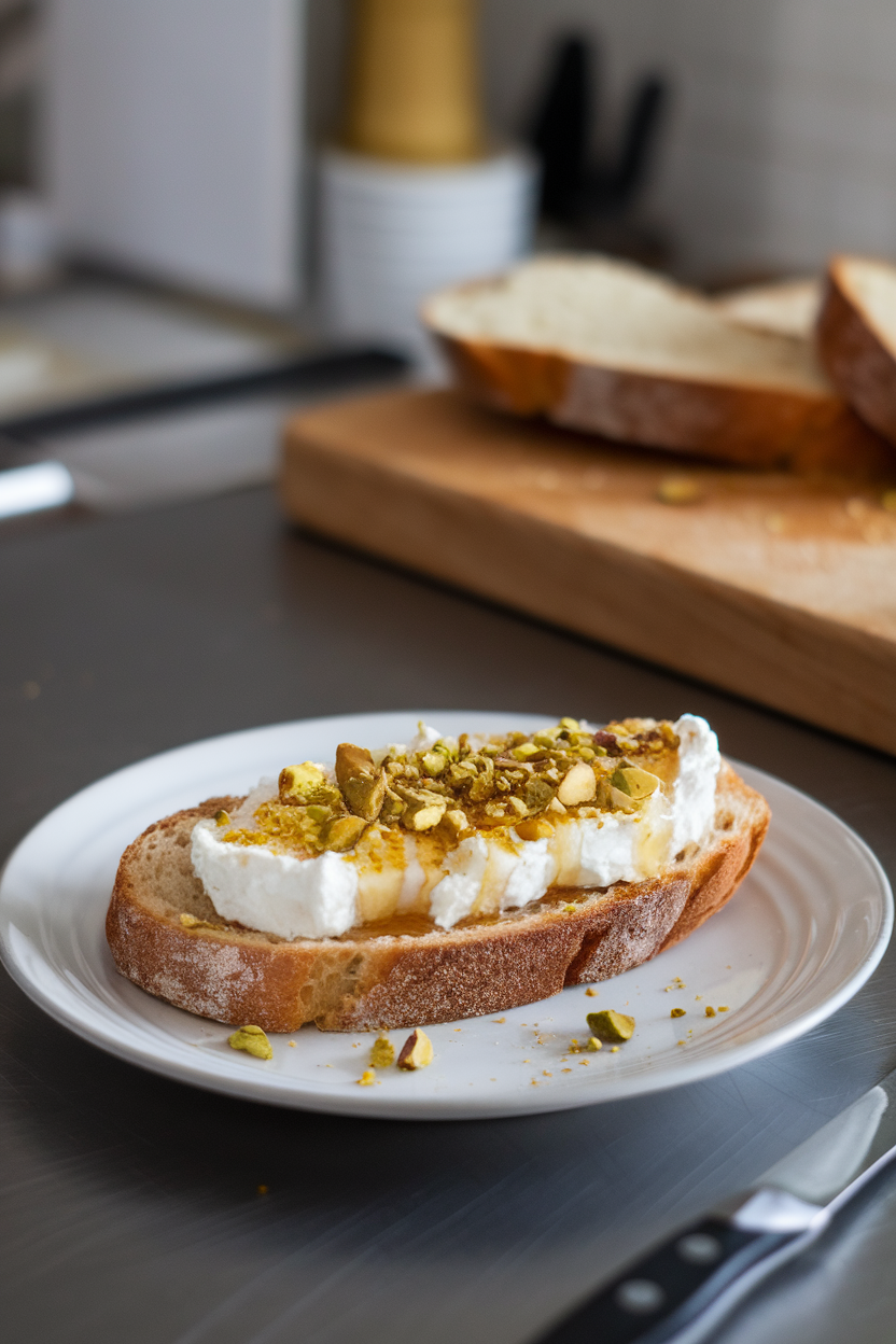 Photo of a slice of toasted sourdough spread with ricotta, drizzled with honey, and sprinkled with crushed pistachios on an indoor countertop. No text or logos.