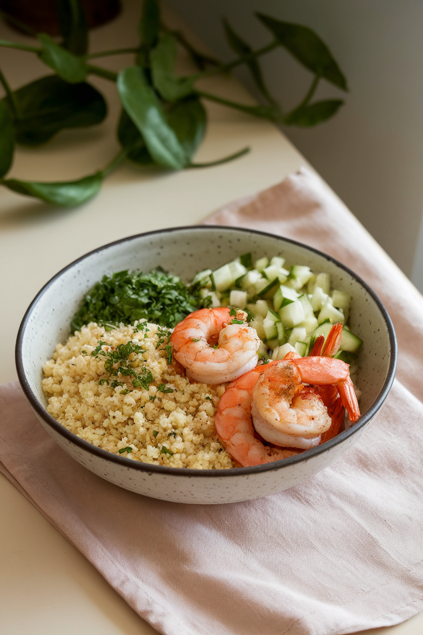 An indoor kitchen table photo of a salad bowl containing cooked couscous, grilled shrimp, chopped herbs, and diced cucumber, no text or logos.