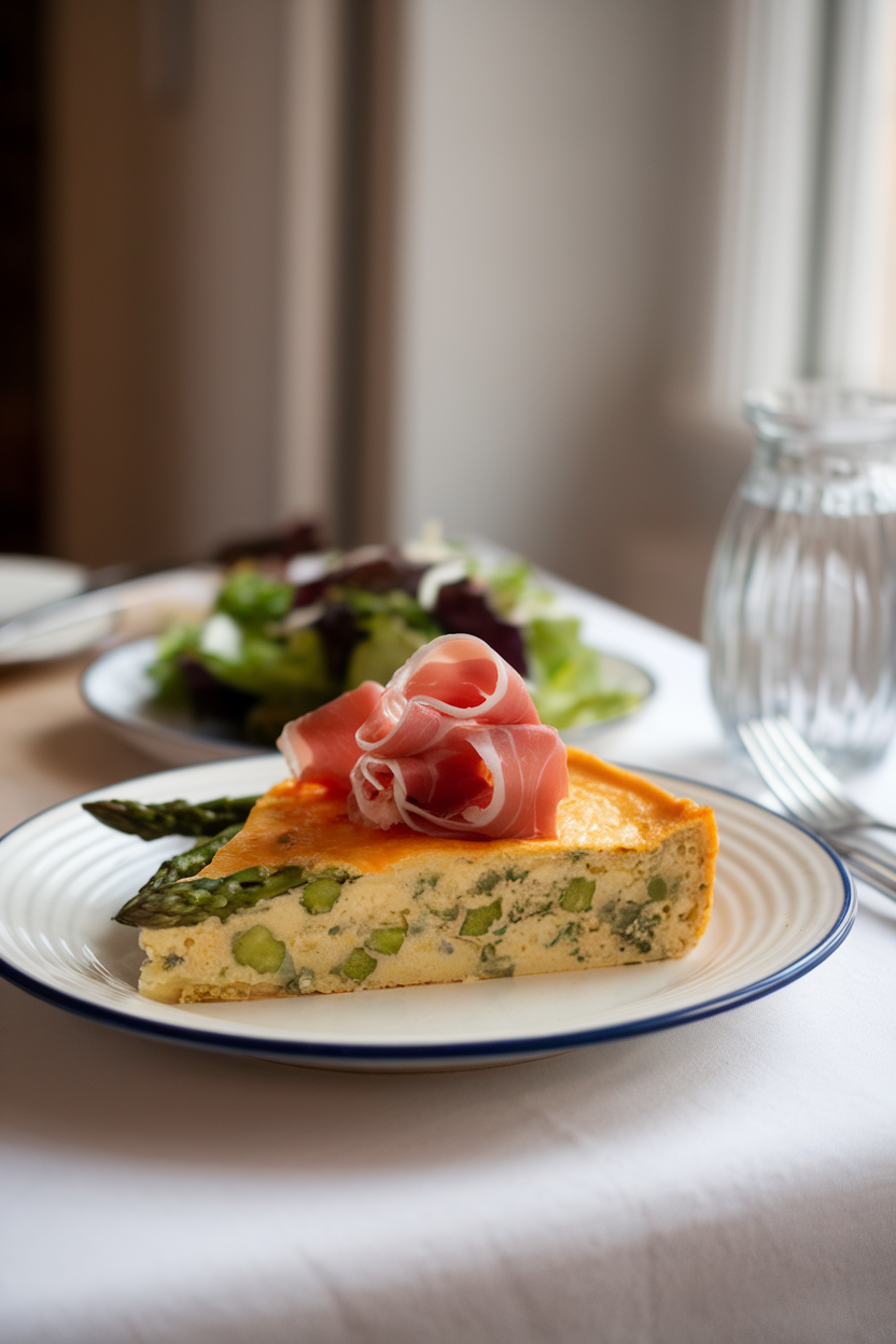 Slice of frittata showing asparagus spears and ribbons of prosciutto, set on an indoor brunch table with a small side salad. No text or logos.