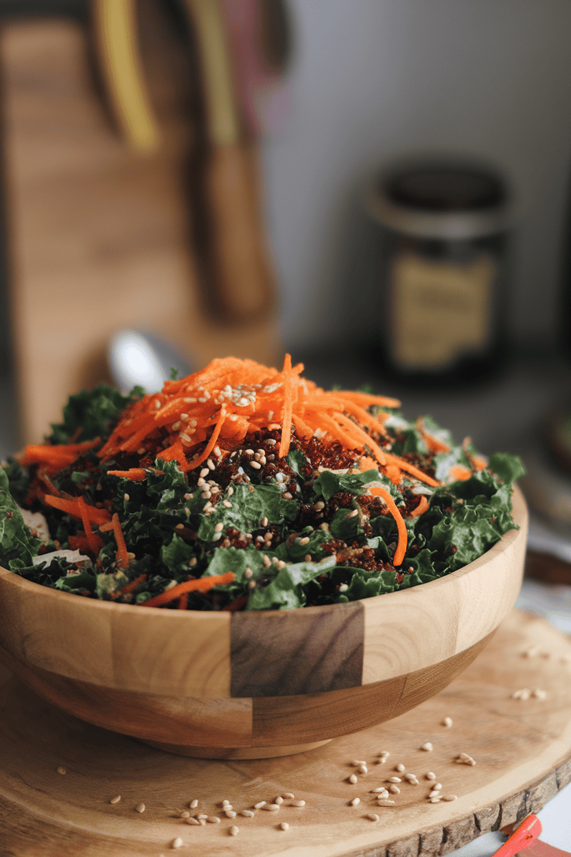 Indoor photo of a salad bowl with chopped kale, red quinoa, shredded carrots, and sesame seeds, no text or logos.