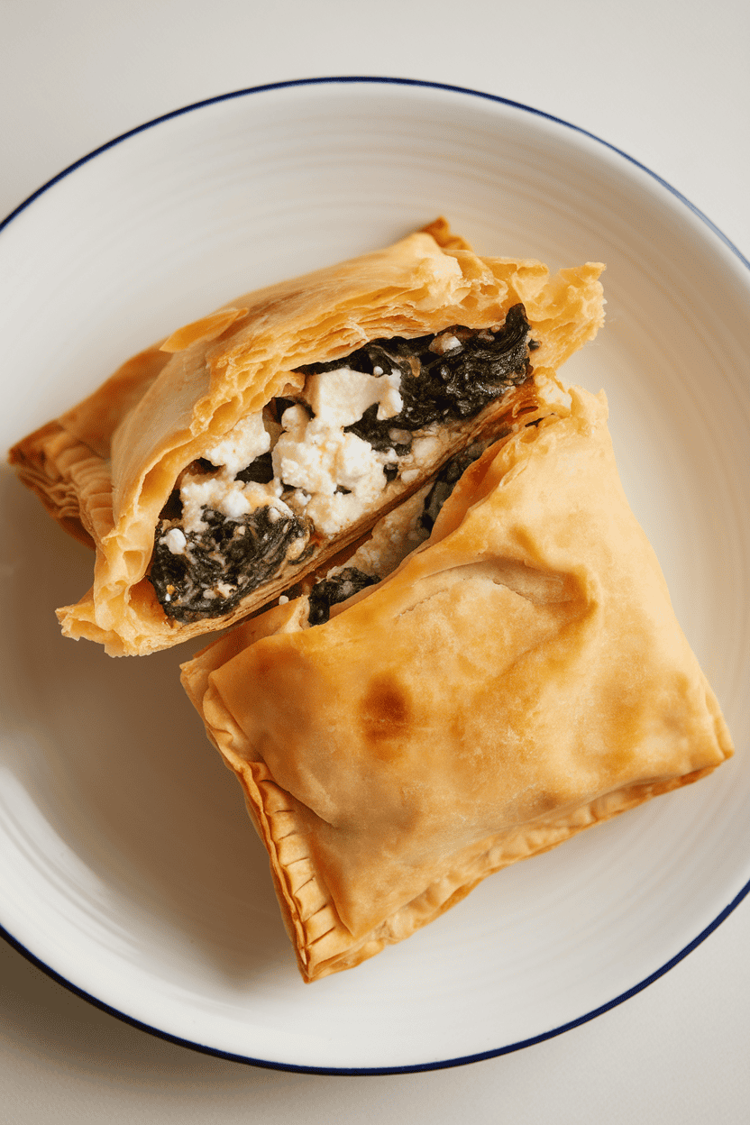 Photo indoors of a single golden-brown phyllo hand pie cracked open to reveal spinach and feta filling. No text or logos.