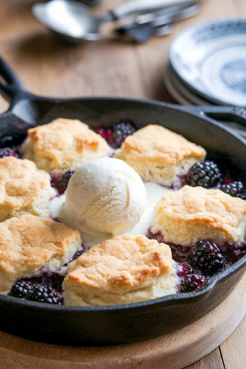 A cast-iron skillet indoors filled with bubbling blackberry cobbler crowned by golden biscuit topping and a scoop of vanilla ice cream. Photo only, no text or logos.