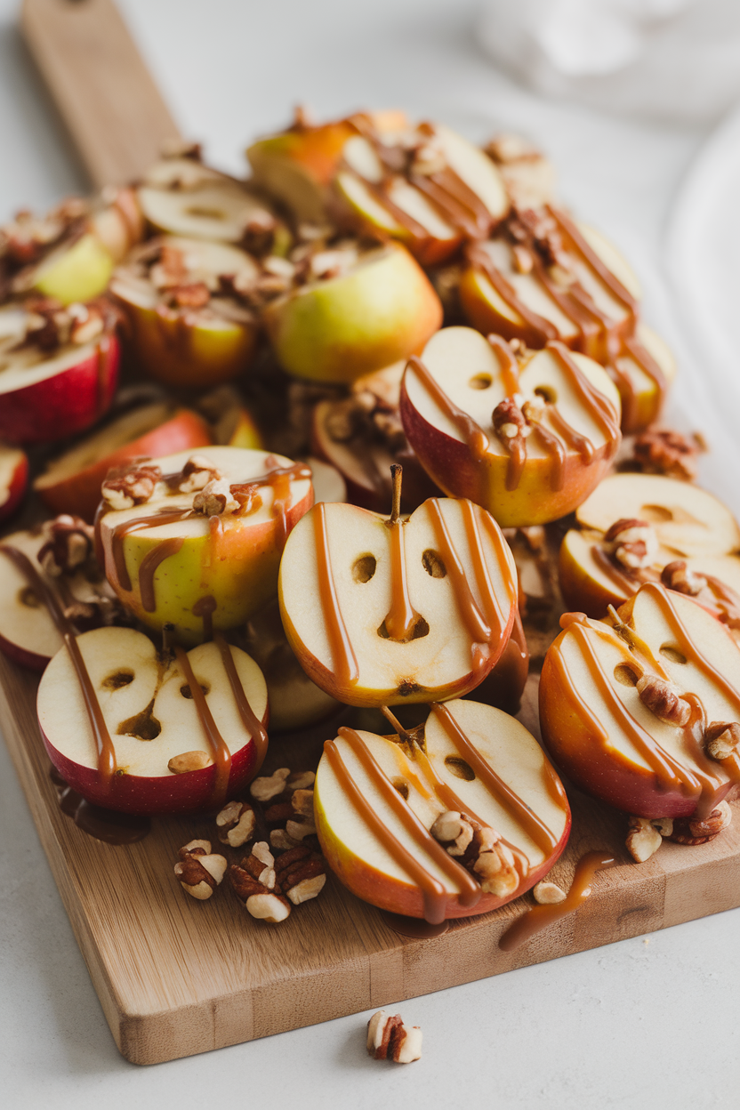 Indoor cutting board piled with baked apple slices carved with simple faces, drizzled in caramel and sprinkled with nuts. Photo, no text or logos.