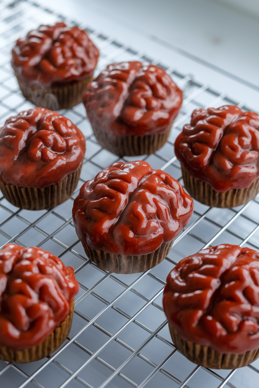 Individual meatloaf muffins glazed with ketchup “brains” pattern, steaming on an indoor rack. Photo, no text or logos.