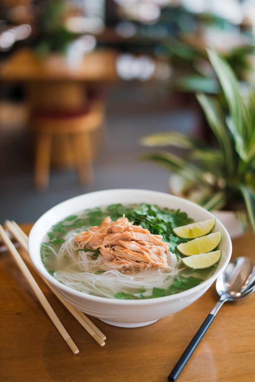 Indoor photo of a bowl of pho ga—clear broth, rice noodles, shredded chicken, herbs, and lime wedges on the side. No logos or text.