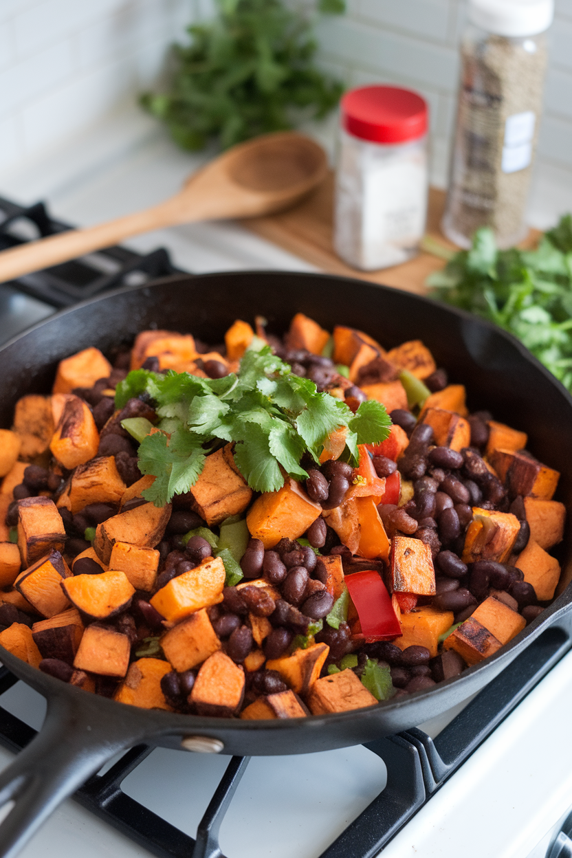 Photo of a skillet on an indoor stovetop filled with cubed roasted sweet potatoes, black beans, and bell peppers, garnished with cilantro. No text or logos.