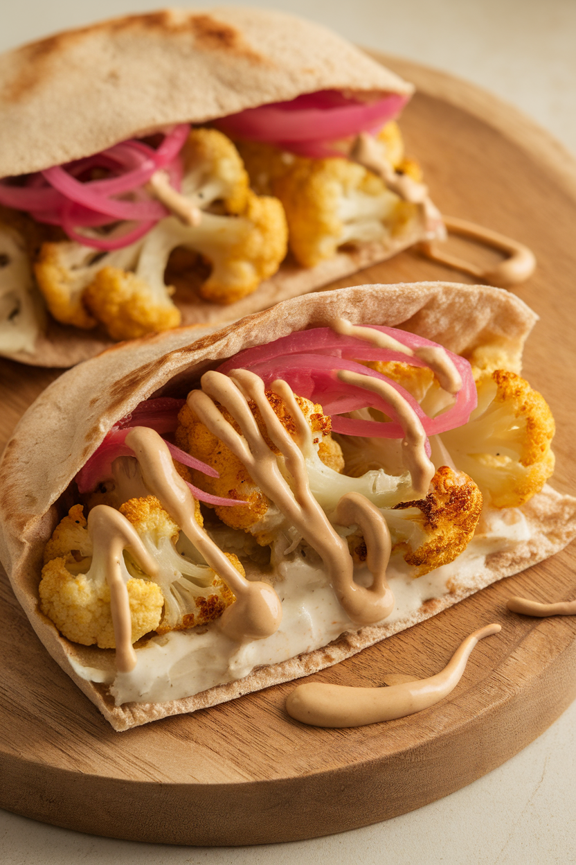 Indoor photo of a whole-wheat pita pocket stuffed with golden roasted cauliflower florets, pickled onions, and a drizzle of tahini sauce. No logos or text.