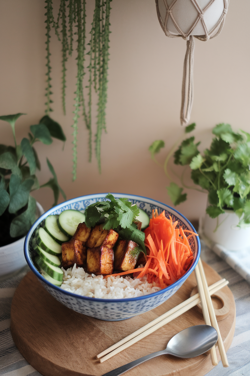 Indoor photo of a bowl with jasmine rice, caramelized tofu, quick-pickled carrots and daikon, cucumber slices, and cilantro. No text or logos anywhere.