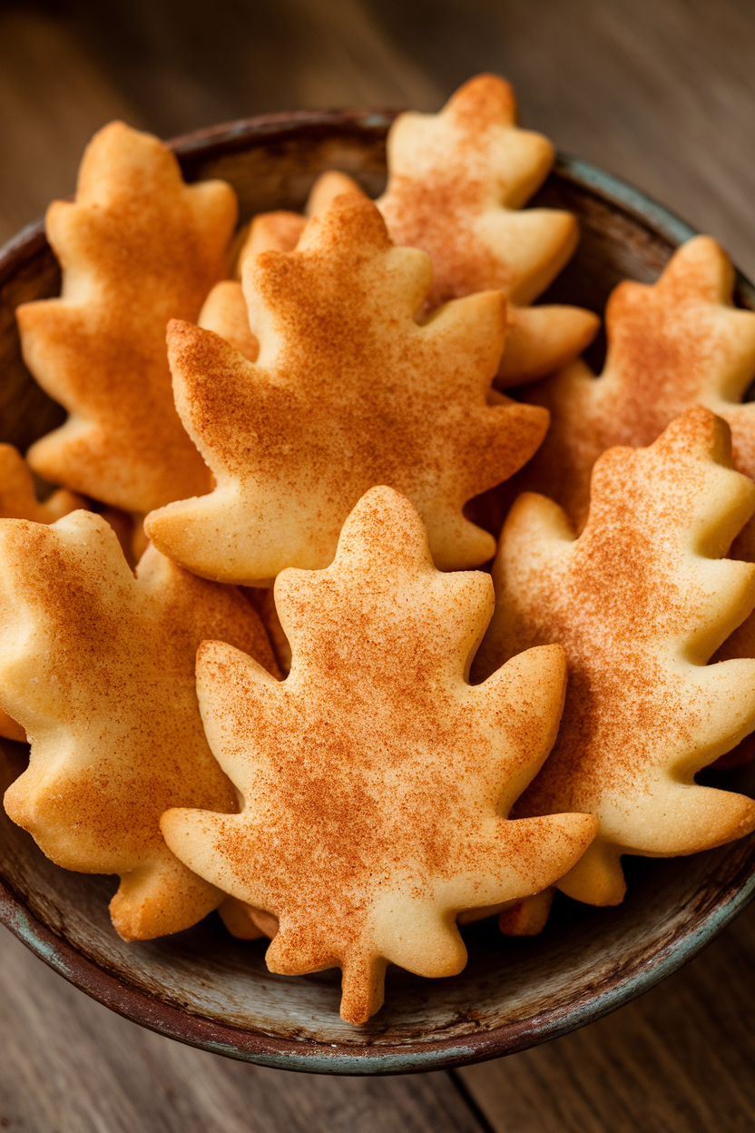 Indoor photo of leaf-shaped cookies in warm orange tones with cinnamon sugar dusting, arranged in a rustic bowl, no text or logos.