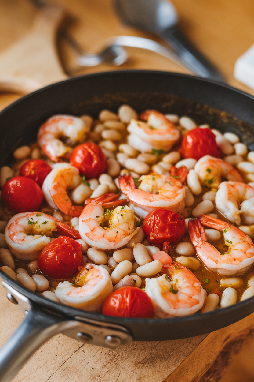 Photo, indoor skillet filled with cooked shrimp, white beans, and cherry tomatoes in garlic sauce; no text or logos.