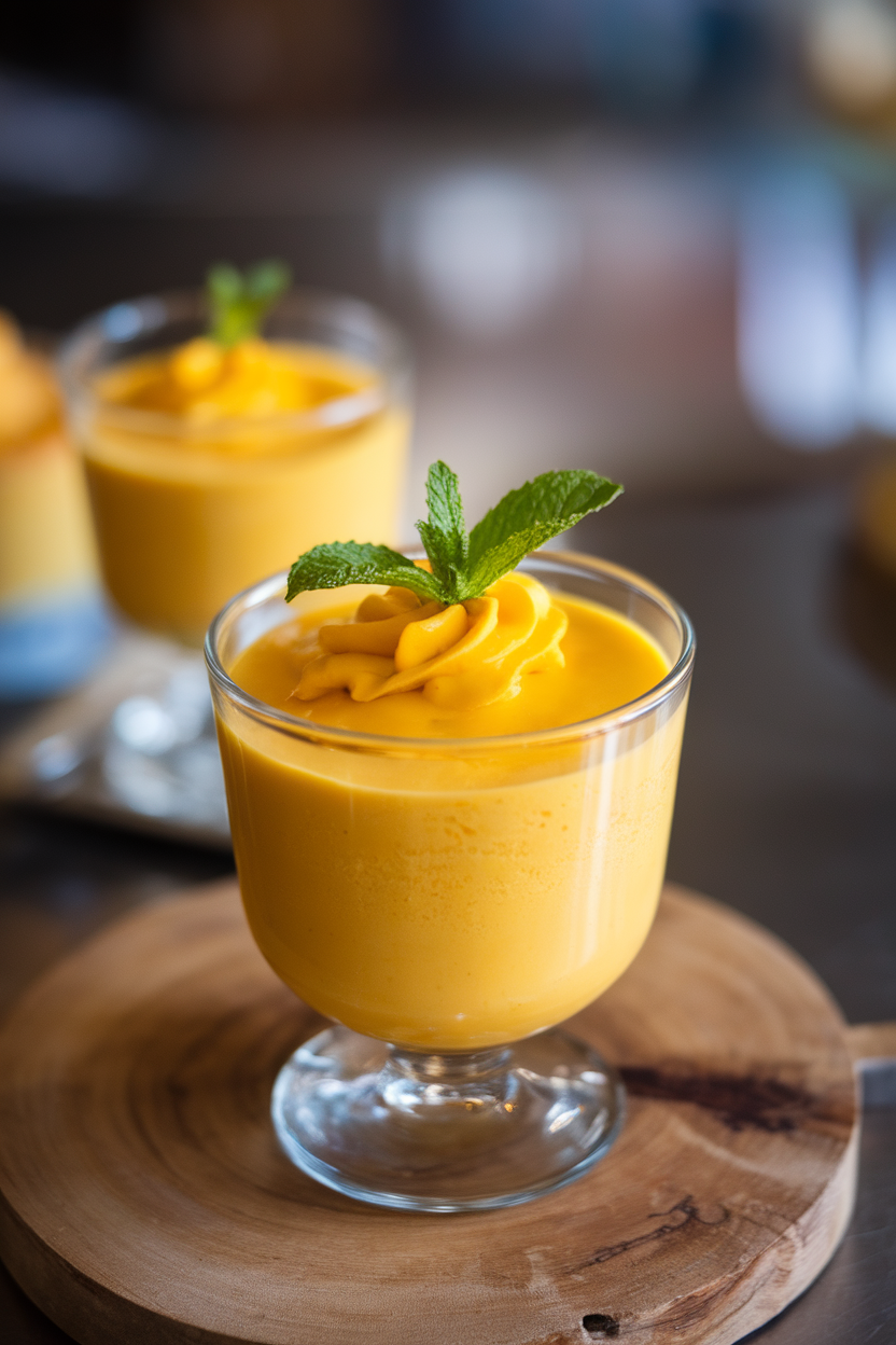 Indoor dessert cup filled with smooth mango pudding, a single mint leaf floating on top. No text or logos; photo only.
