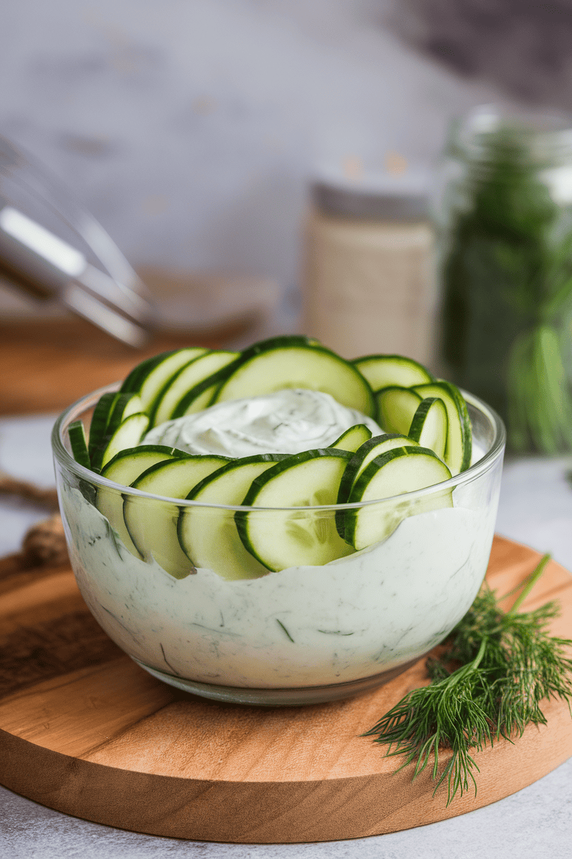 Indoor photo of sliced cucumbers folded into creamy dill yogurt sauce, served in a glass bowl; no text or logos.