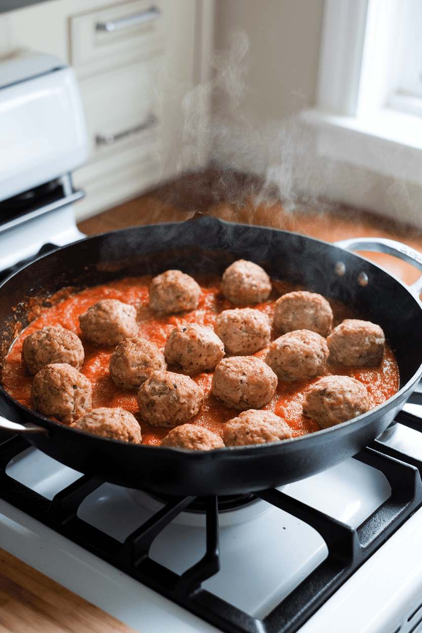 An indoor stovetop with a skillet of browned turkey meatballs simmering in herb tomato sauce, steam visible, no labels