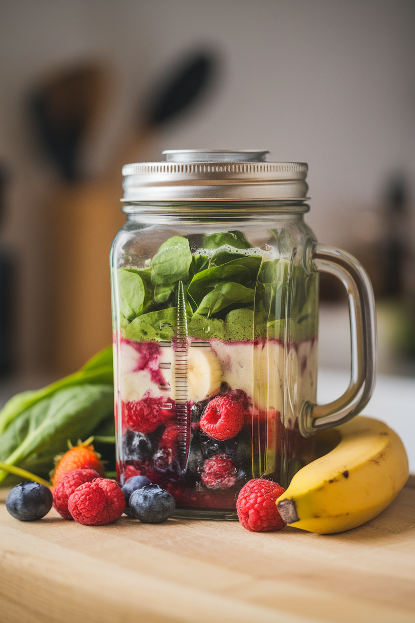 Indoor photo of a blender jar filled with a smoothie of spinach, banana, and berries, ready to pour; no text or logos