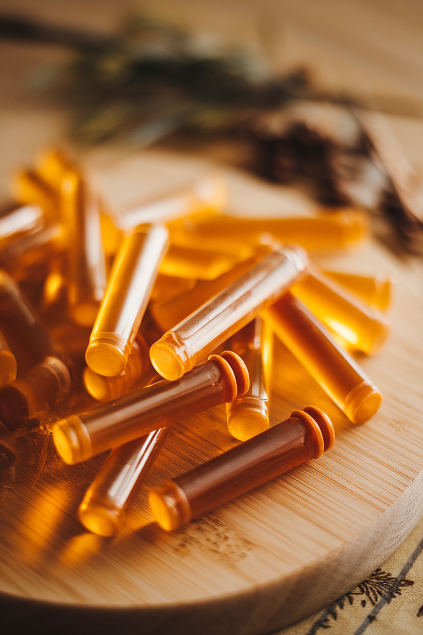 A close-up indoor shot of golden honey sticks scattered on a wooden cutting board, their translucent tubes catching warm light. No text or logos visible.