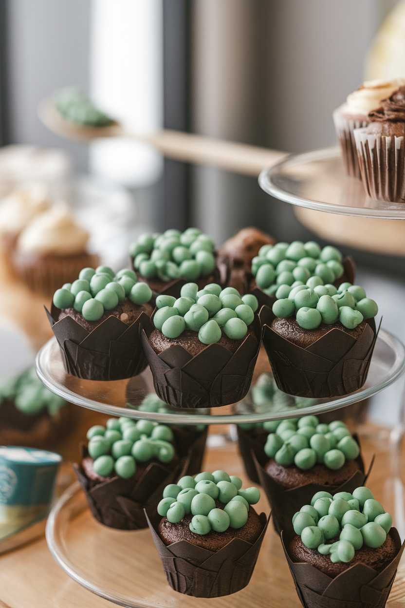 Indoor bakery scene with espresso chocolate cupcakes in black liners, frosted in bubbling green icing to imitate a witch’s brew, no text or logos.