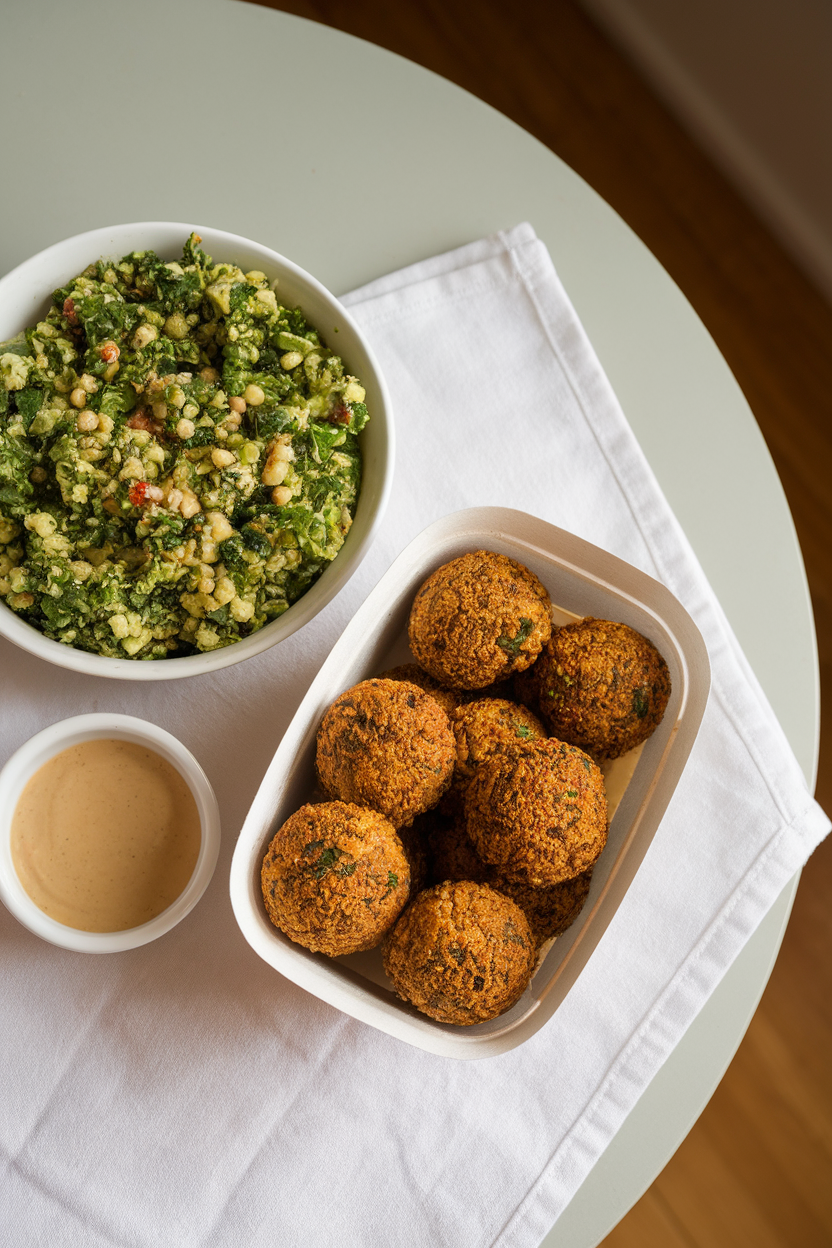 Photo, indoor table with a container showing baked falafel balls, bright green tabbouleh, and a drizzle of tahini sauce on the side; soft overhead light, no text or logos.
