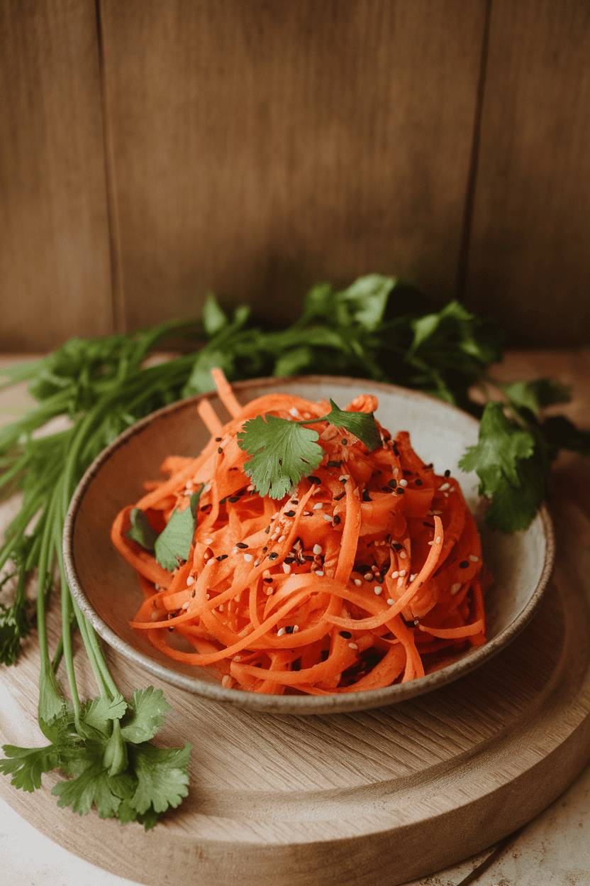 Warm indoor photo of thin carrot ribbons tossed with sesame seeds and ginger dressing, presented in a shallow bowl; no logos.