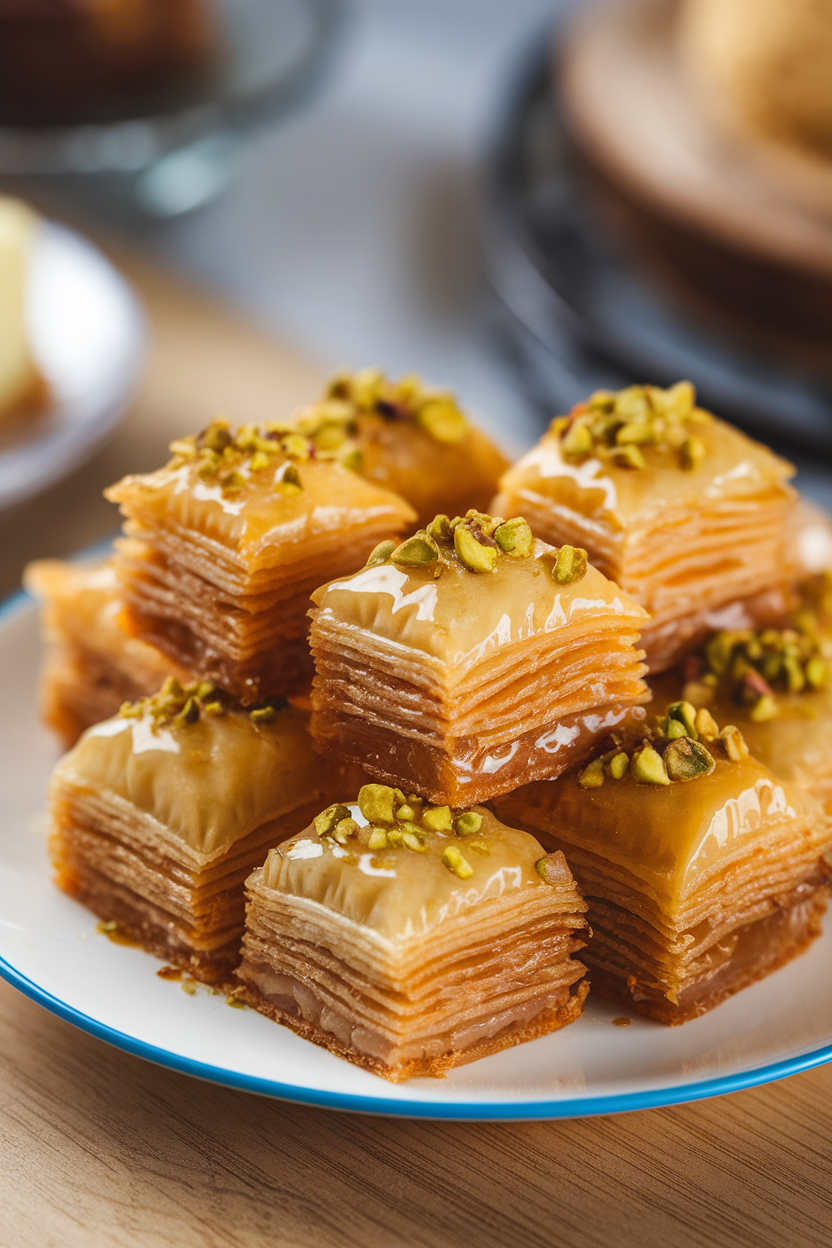 Indoor plate of mini baklava squares, golden phyllo layers glistening with honey syrup, pistachios visible. No text or logos.