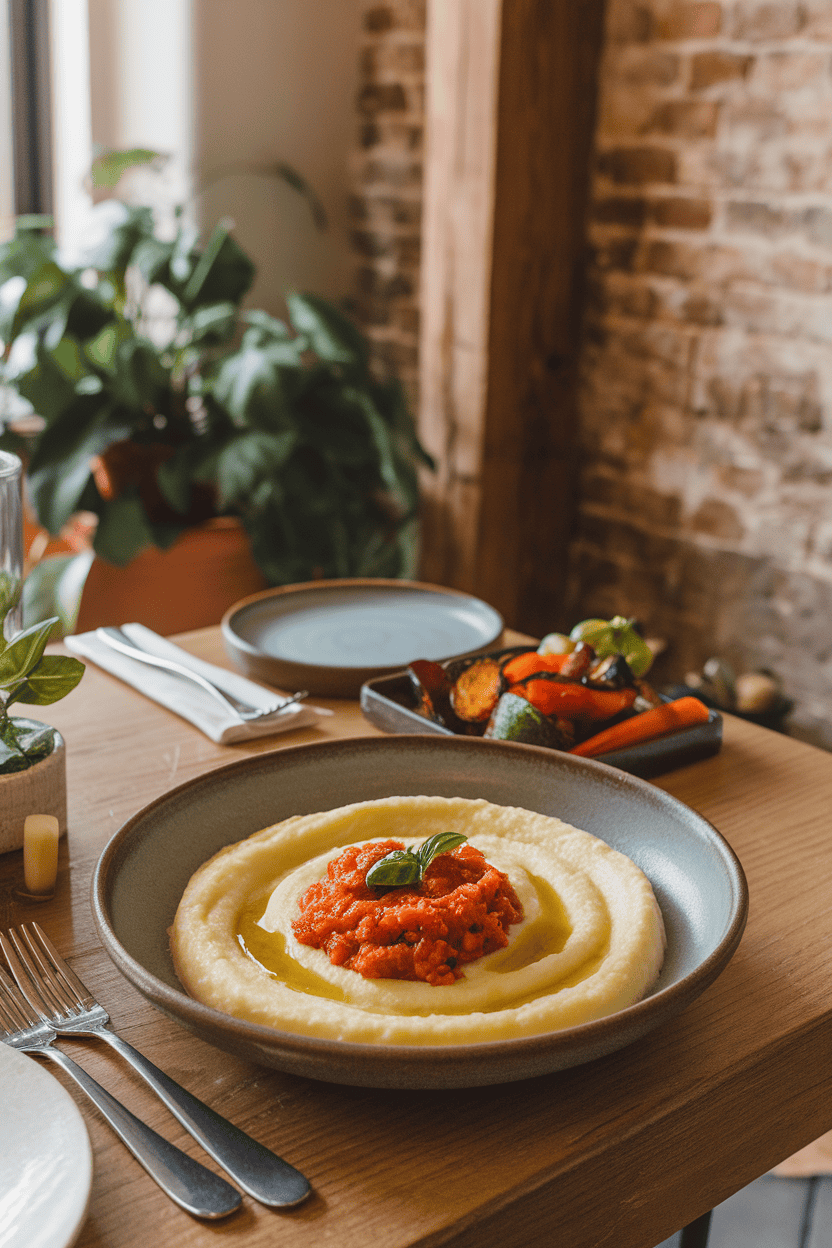Warm indoor dining table with a shallow bowl of creamy polenta topped with a chunky tomato-basil sauce and a drizzle of olive oil. No text or logos. Photo, not illustration.
