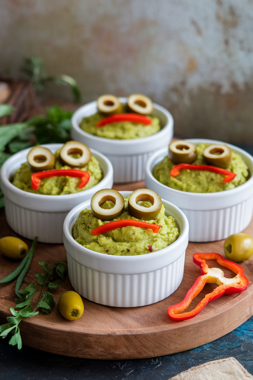 Individual indoor ramekins of bright green guacamole topped with sliced olive “eyes” and pepper strip “mouths.” Photo, no text or logos.