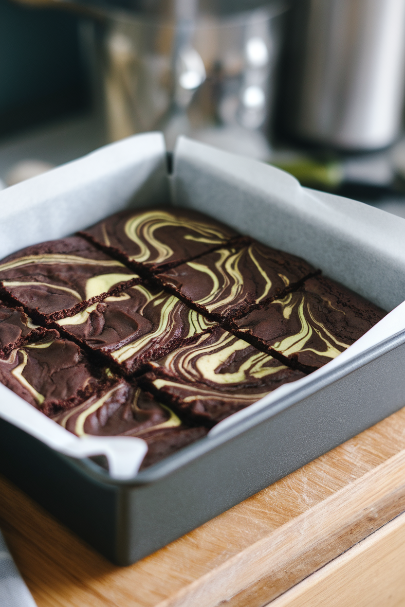 An indoor brownie pan featuring marbled almond butter swirls across dark chocolate brownies, a green hint of zucchini visible in the crumb. No text or logos.