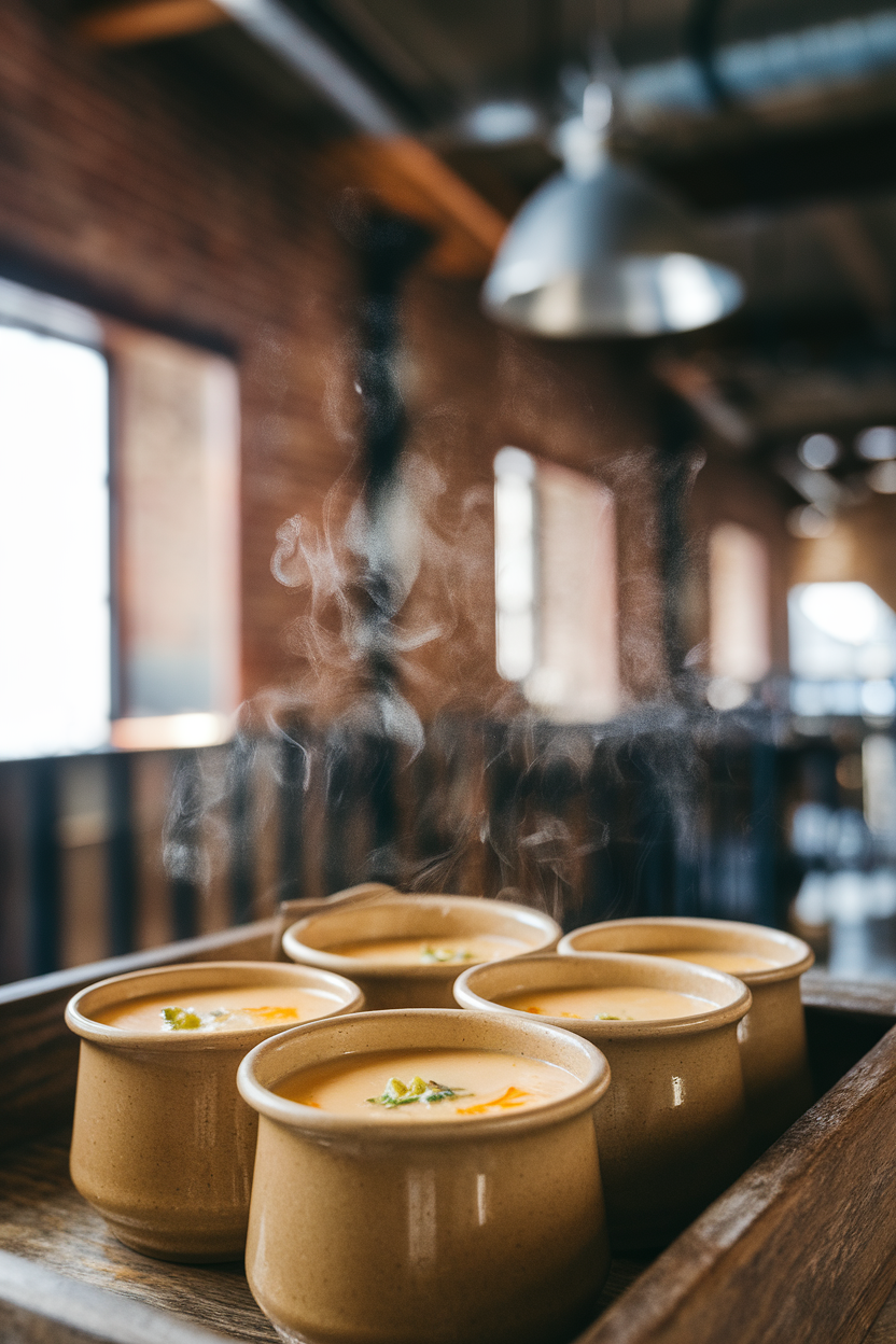 Photo of small lidded soup cups indoors filled with creamy cheddar broccoli soup, steam visible. No text or logos.