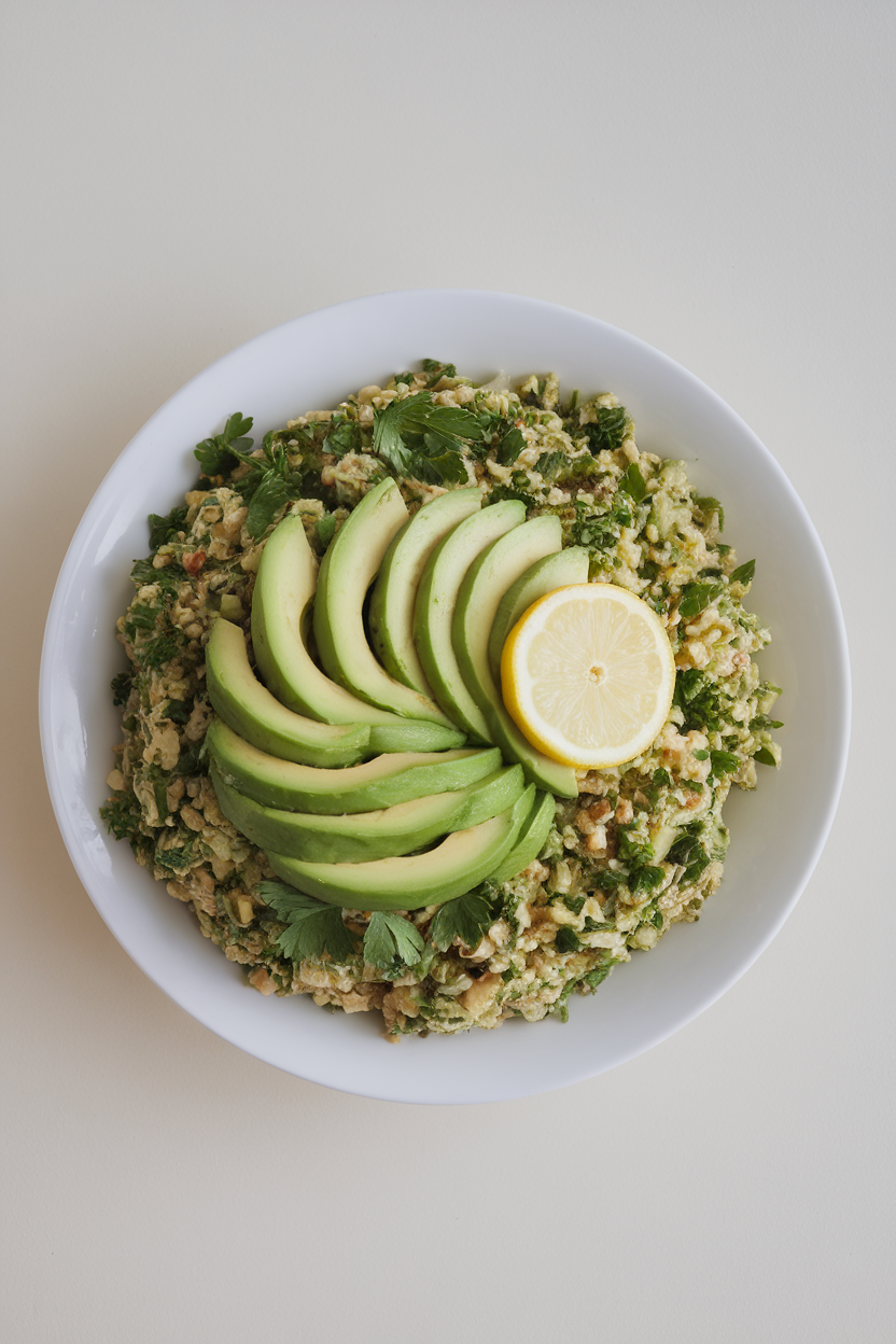 Overhead indoor image of parsley-loaded tabbouleh topped with ripe avocado fan slices and a squeeze of lemon. No text or logos.