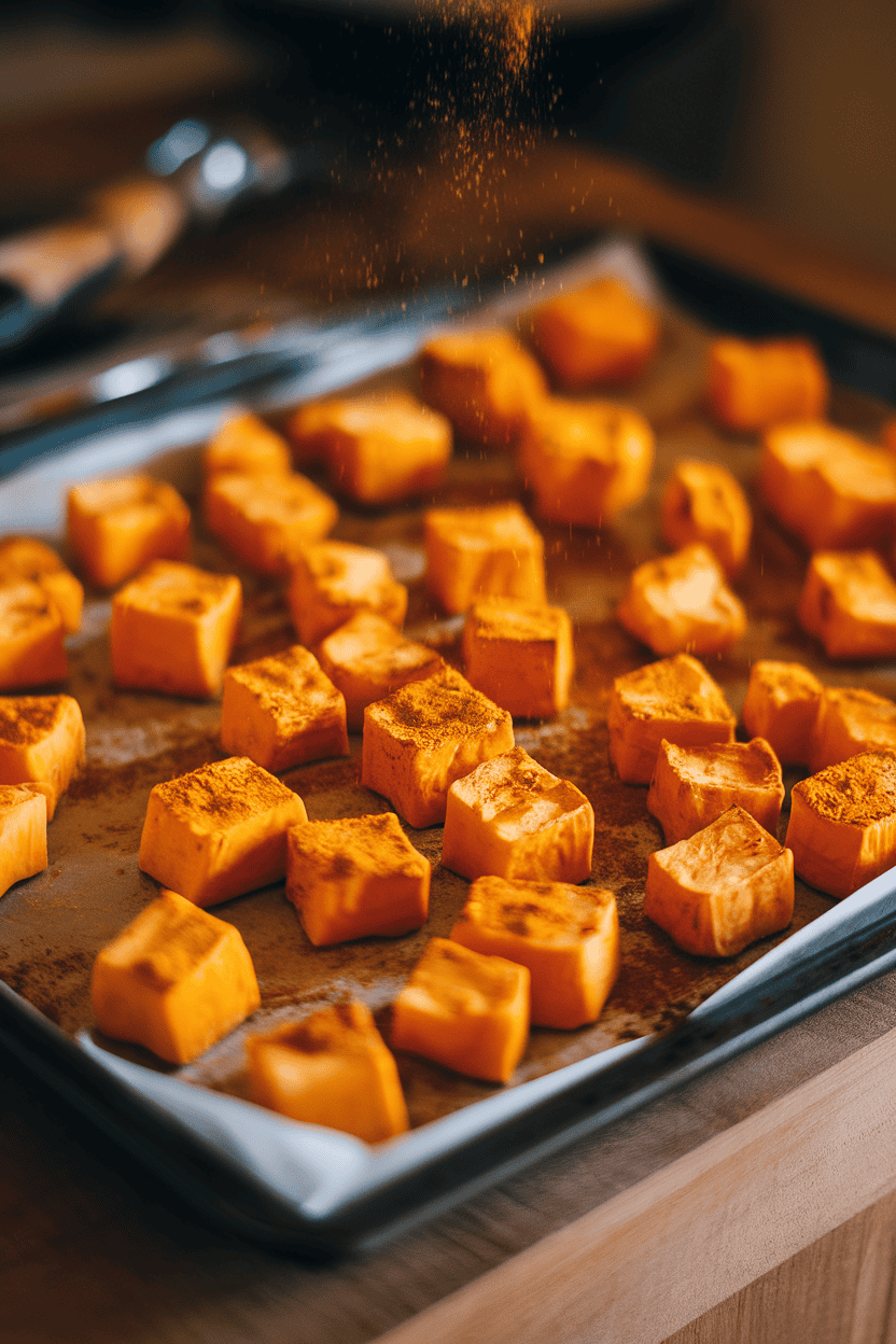 Indoor baking sheet with roasted butternut squash cubes dusted with curry powder, warm light, no text