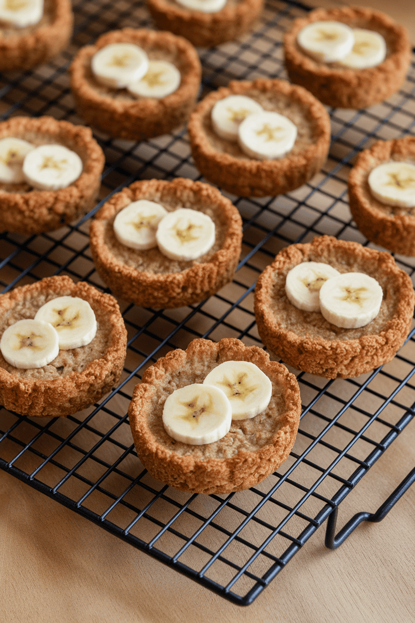 Indoor cooling rack with individual baked oat cups studded with banana slices, no logos